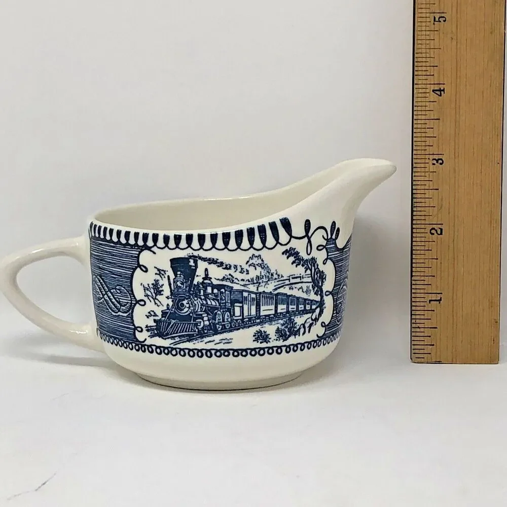 Currier & Ives Creamer Sugar Vintage Royal China Train River Boat Scene USA